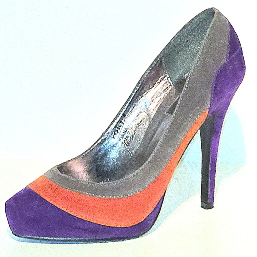 NWOT Colorblock Pumps Purple Orange & Gray Faux Suede, 4.5